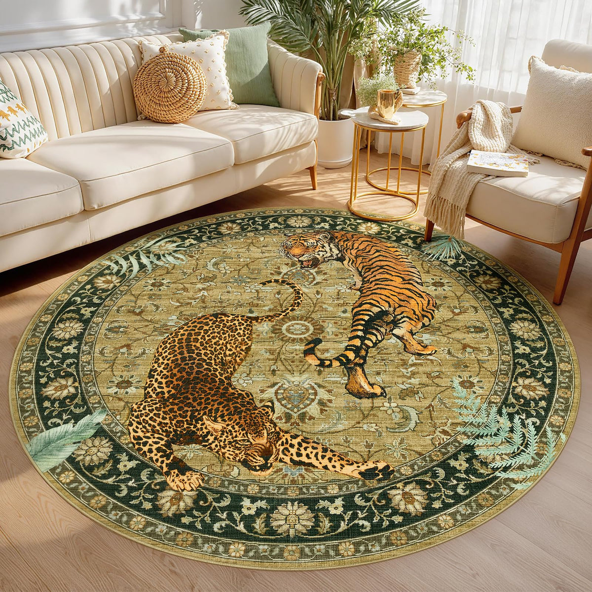 Joydeco Tiger Cheetah Animal Print 5x7 Washable Rug for Living Room Bedroom