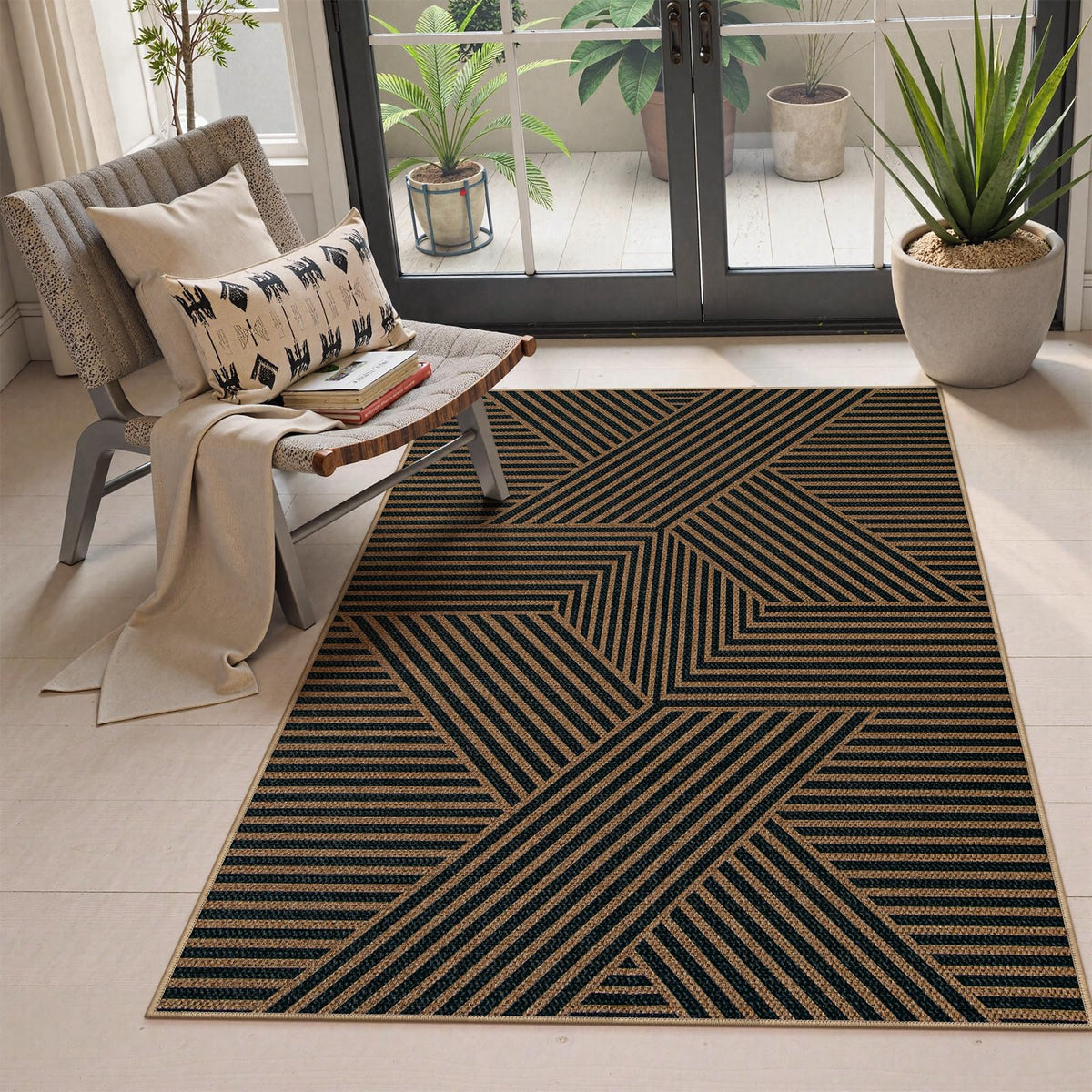 Lahome Modern Rainbow Easy Jute Carpet, Washable 5x7 Area Rugs for Living Room Patio Black Farmhouse Indoor Outdoor Rugs, Contemporary Natural Non Slip Floor Carpet for Office RV Backyard