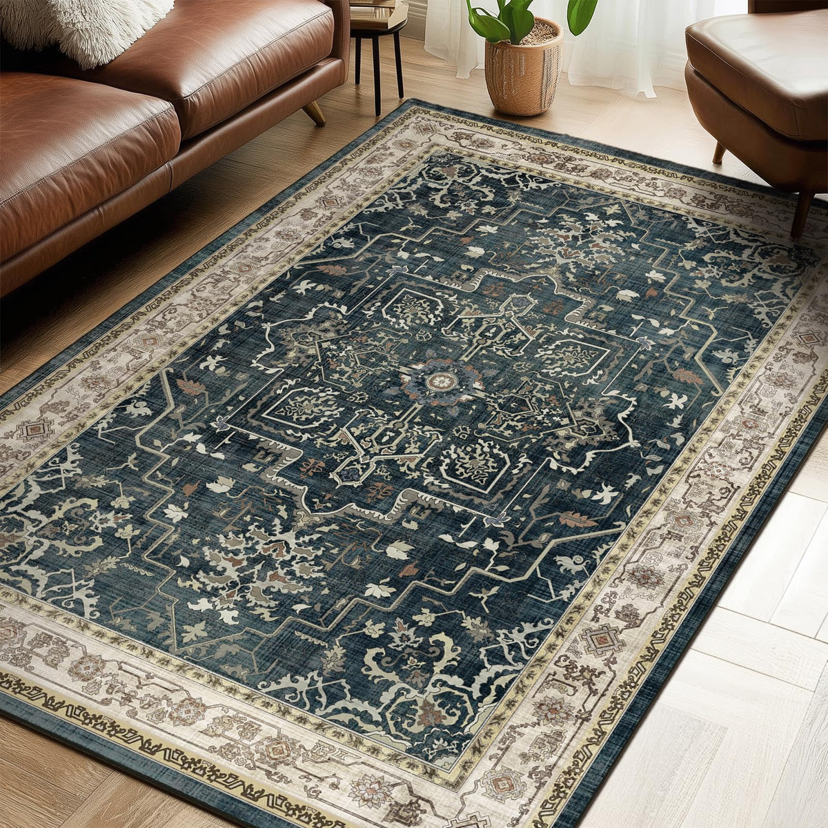 Vintage Distressed 5x7 Area Rugs for Living Room Bedroom Non Slip Washable, Medallion Pattern Printed Low Pile Thin Carpet Rugs for Dining Room/Kitchen/Home Office, Multi Brown Olive Accents