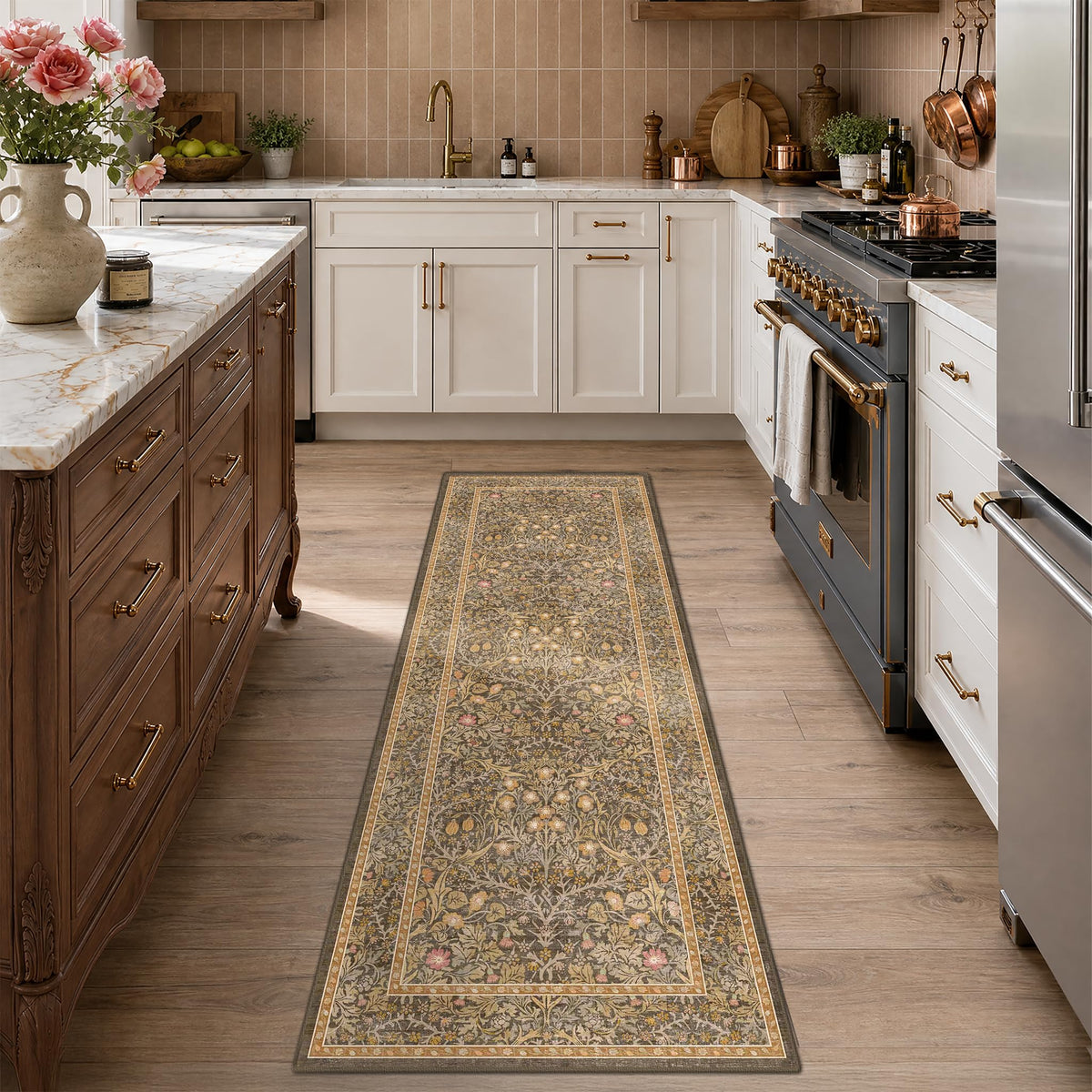 Floral Dark Green Washable Area Rugs 8x10, Vintage Living Room Rug