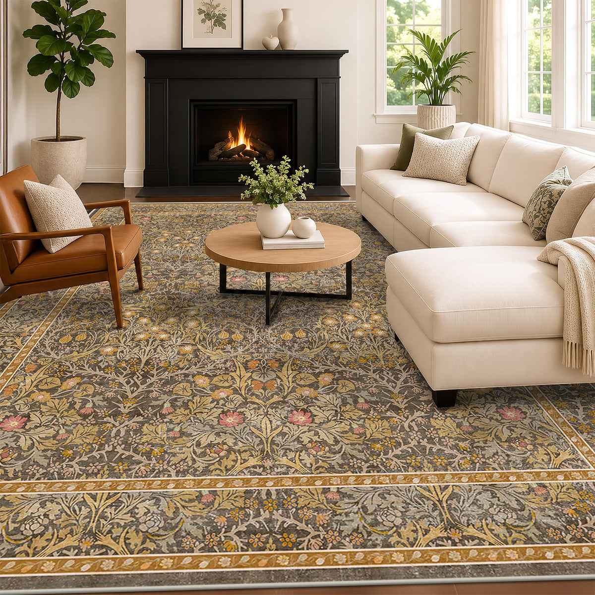 Floral Dark Green Washable Area Rugs 8x10, Vintage Living Room Rug