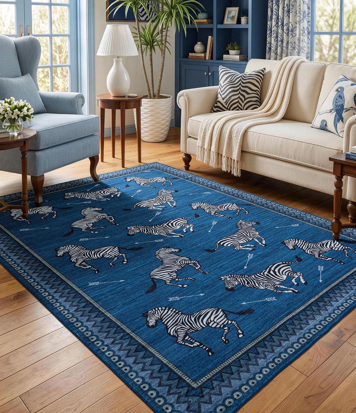 YIHOUSE Red Zebra Area Rugs 5×7, Washable Animal Print Rug with Checkered Border, Non-Slip Low Pile Mid-Century Modern Carpet for Living Room, Bedroom, Dining Room, Home Decor