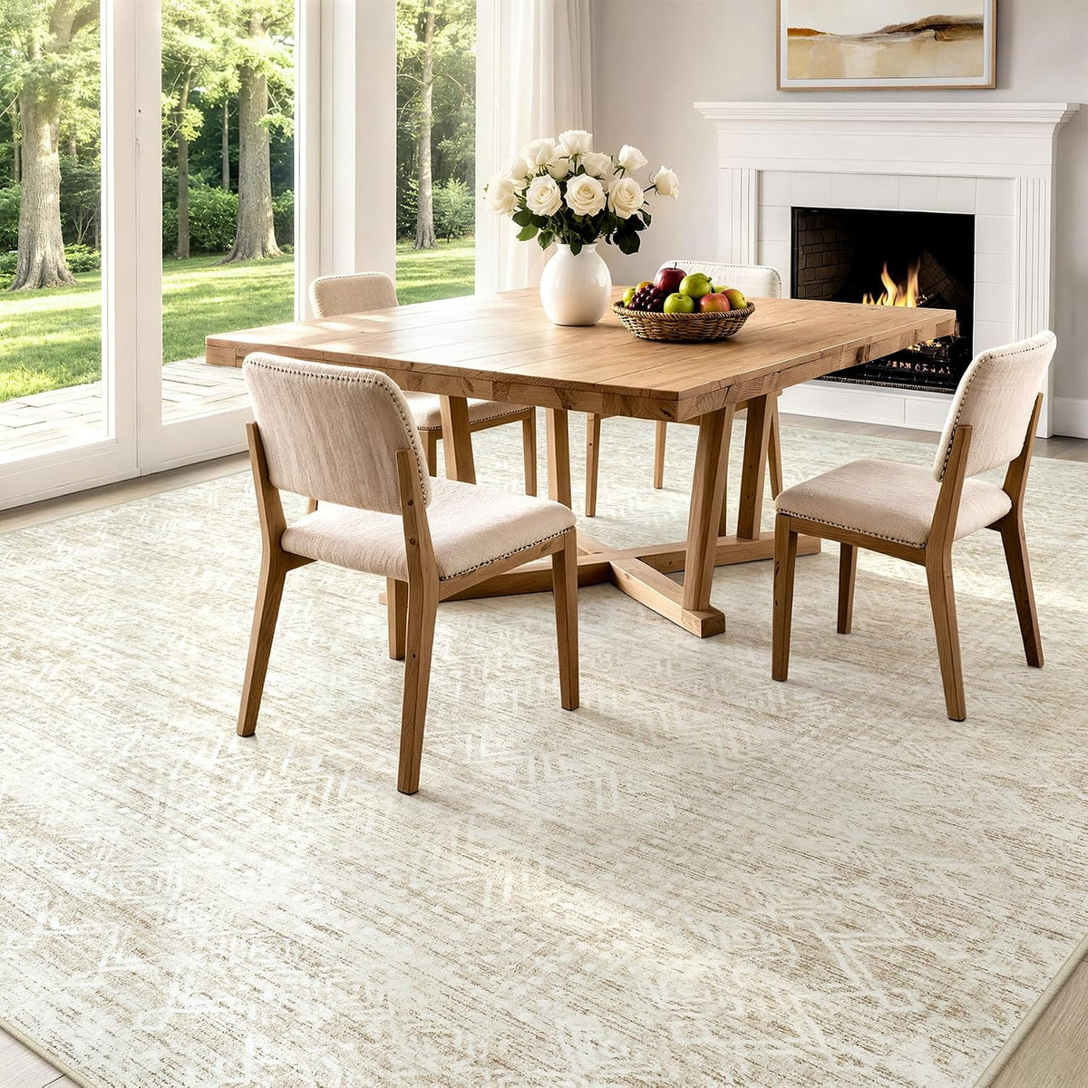 8x10 Area Rugs, Beige Washable Geometric Boho Rug for Living Room, Bedroom