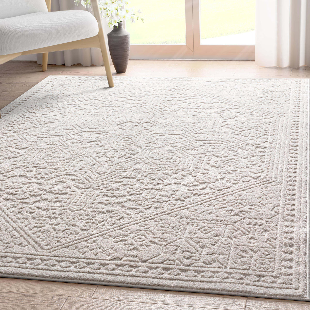 Well Woven Harlow Collection Briar Beige - Modern Tribal Minimalist Geometric 5x7 Area Rug - Ideal for Living Room, Dining Room & Bedroom - Durable, Stain Resistant & Easy to Clean