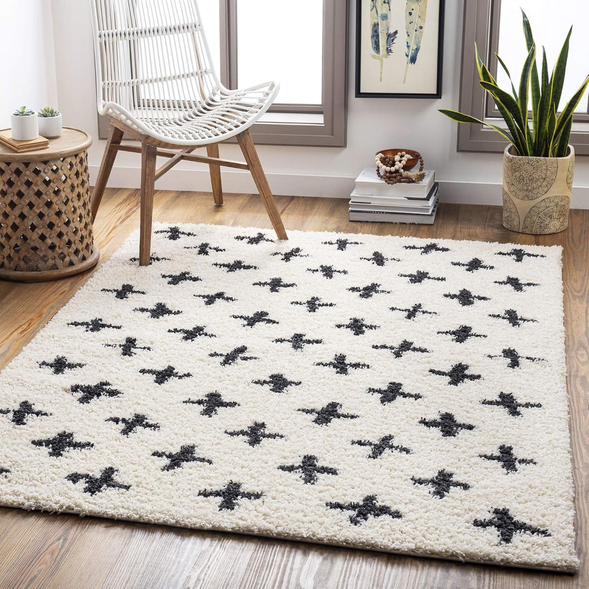Livabliss Area Rugs - 5x7 Soft Mora Moroccan Boho Black Cream Shag Rug for Living Room Bedroom - Geometric Plush Pile Stain Resistant Bohemian Carpet for Dining Room, Nursery and Office (5'3" x 7')