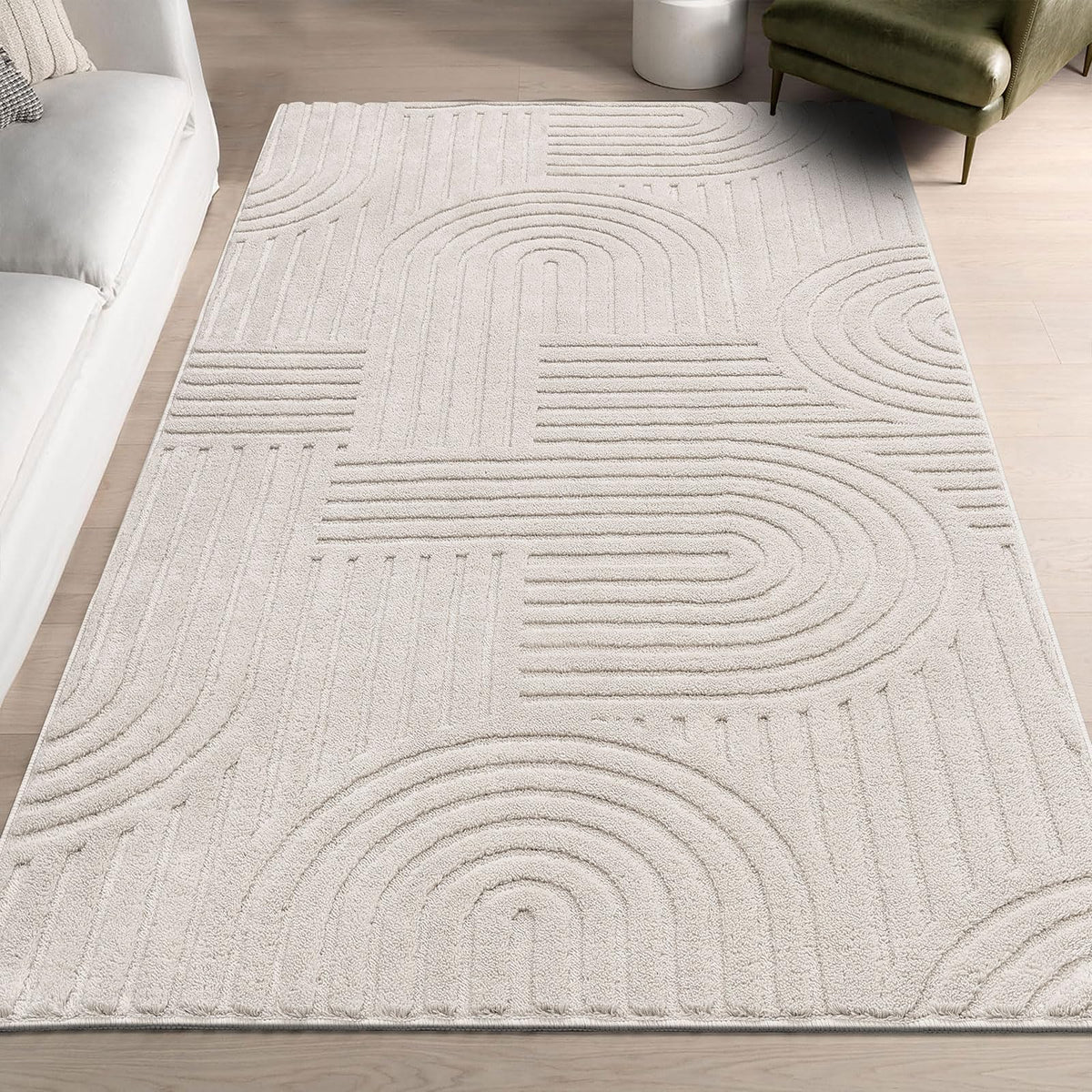 SHACOS Soft Cozy Fluffy Arch Pattern High-Low Pile Textured Area Rug 5'3"x7'3" Non Slip Washable Modern Geometric Rug Stain Resistant Contemporary Carpet for Living Room Bedroom Dining Room, Beige