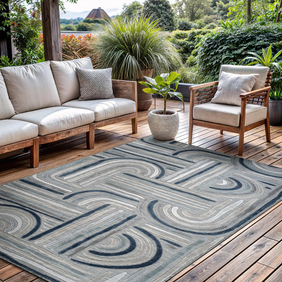 CAMILSON Indoor Outdoor Rug, Multicolor 6x9 Geometric Arch Striped Area Rugs for Patio and Home Areas, Easy-Cleaning Non-Shedding Living Room, Garden and Deck Washable Outside Carpet (6 x 9)