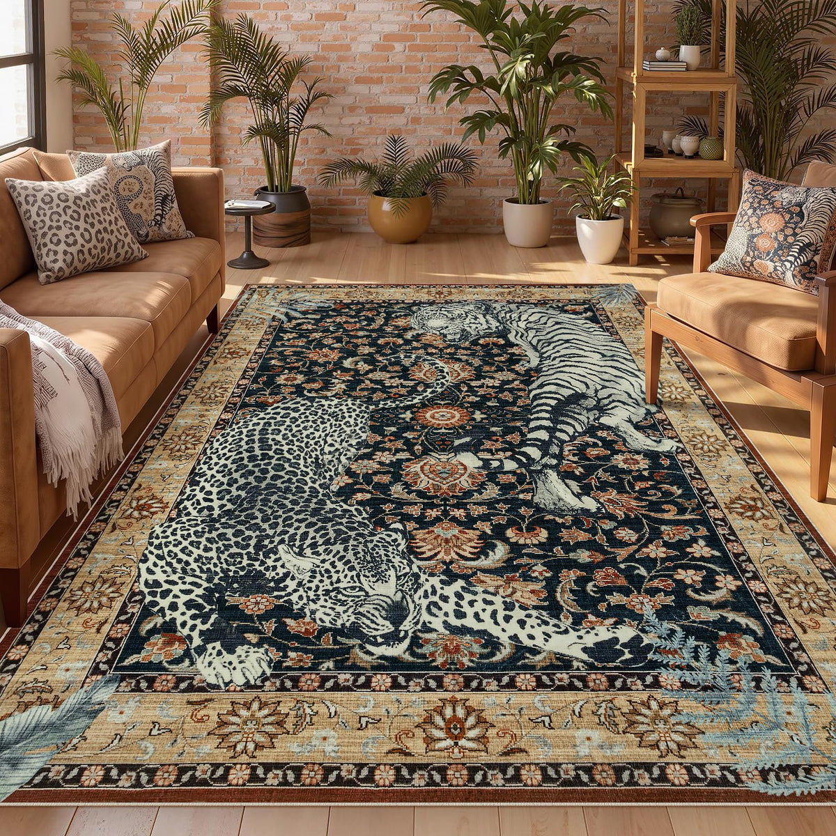 Joydeco Tiger Cheetah Animal Print 5x7 Washable Living Room Bedroom Rug