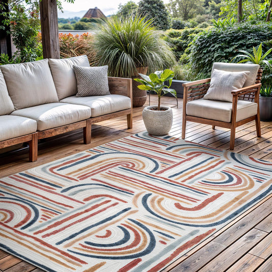 CAMILSON Indoor Outdoor Rug, Multicolor 6x9 Geometric Arch Striped Area Rugs for Patio and Home Areas, Easy-Cleaning Non-Shedding Living Room, Garden and Deck Washable Outside Carpet (6 x 9)