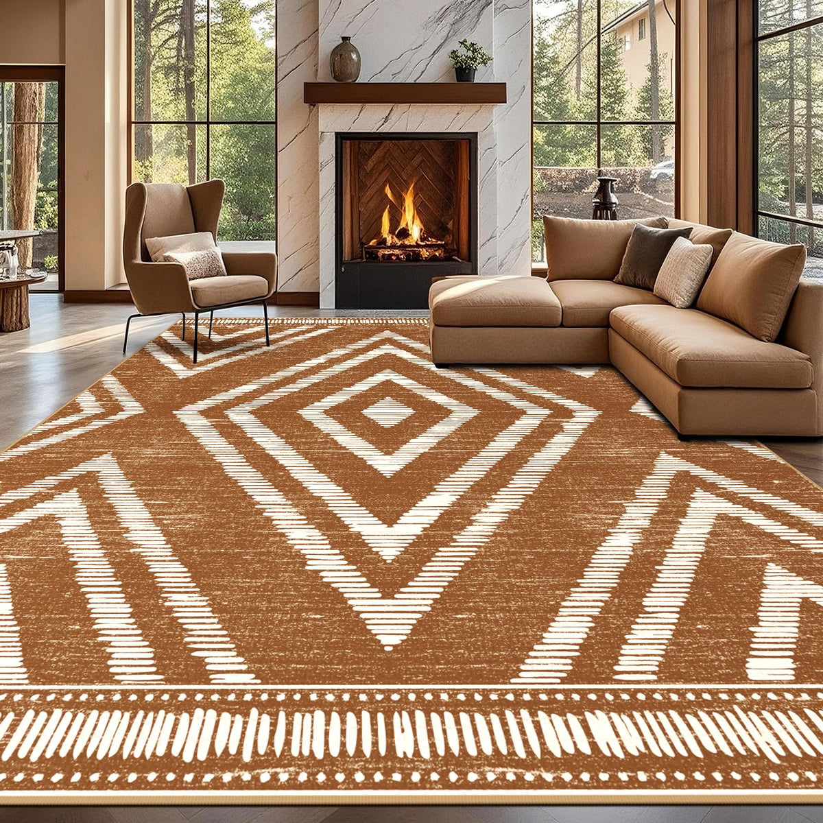 Boho Washable Rugs 5x7ft Non Slip, Low Pile Area Rug for Living Room, Brown Moroccan Bedroom Carpets, Non Shedding Soft Floor Carpet for Dining Room Bathroom Nursery Kitchen Office
