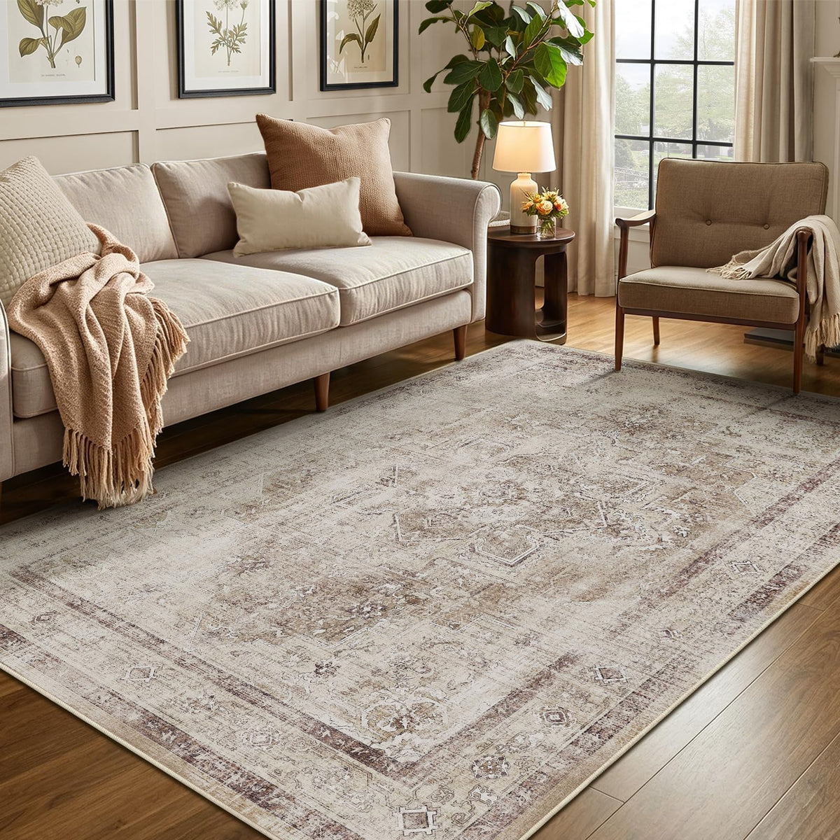 Vintage Distressed 5x7 Area Rugs for Living Room Bedroom Non Slip Washable, Medallion Pattern Printed Low Pile Thin Carpet Rugs for Dining Room/Kitchen/Home Office, Multi Brown Olive Accents