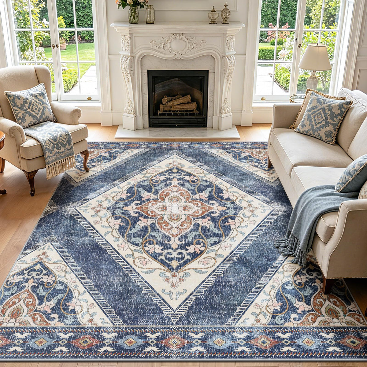 Boho Washable Rugs 5x7ft Non Slip, Low Pile Area Rug for Living Room, Brown Moroccan Bedroom Carpets, Non Shedding Soft Floor Carpet for Dining Room Bathroom Nursery Kitchen Office