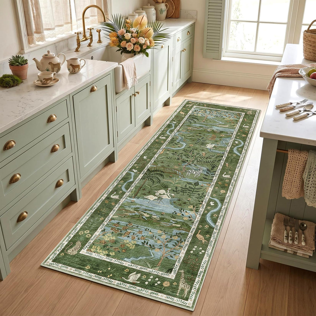 Washable Area Rug 5x7 Green Animal Print Rugs for Nursery Non Slip Stain Resistant Forest Fairy Tale Throw Carpet Low Pile Whimsical Safari Area Rugs for Entryway Girls Bedroom Dining Room, Green