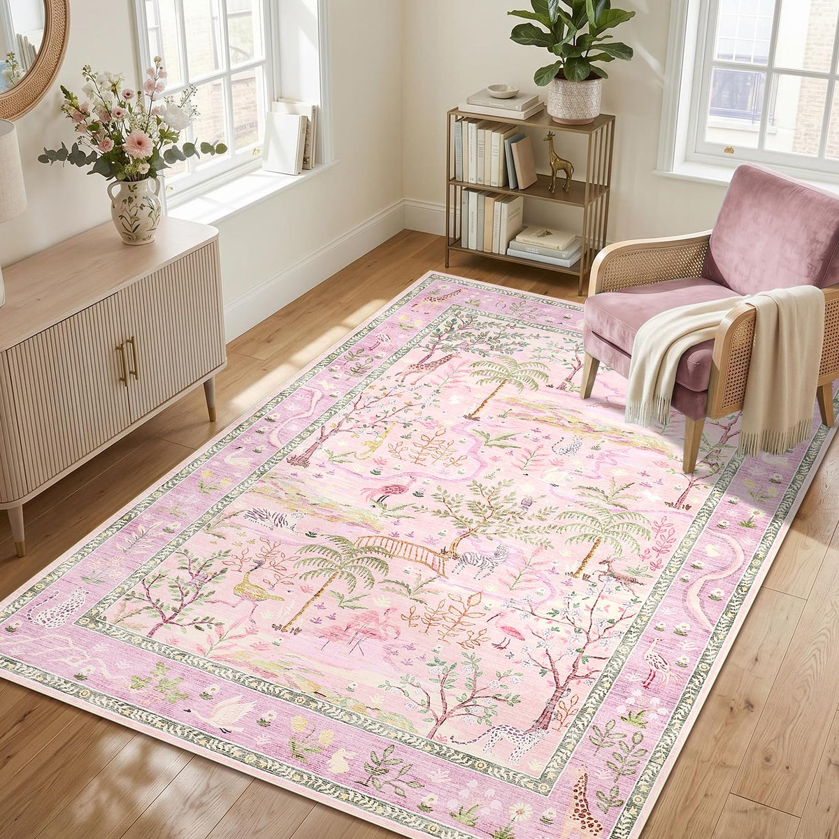 Washable Area Rug 5x7 Green Animal Print Rugs for Nursery Non Slip Stain Resistant Forest Fairy Tale Throw Carpet Low Pile Whimsical Safari Area Rugs for Entryway Girls Bedroom Dining Room, Green