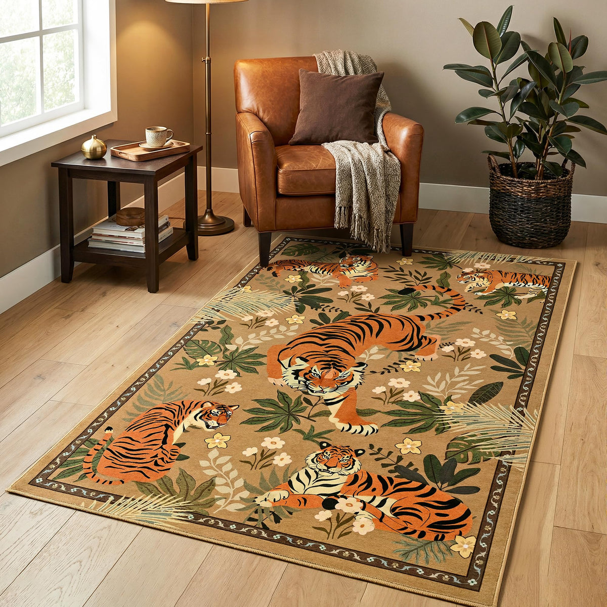 Zentavio Tiger Area Rug 6x9, Vintage Safari Animal Print Rug, Washable Non Slip Boho Camel Carpet for Living Room Bedroom