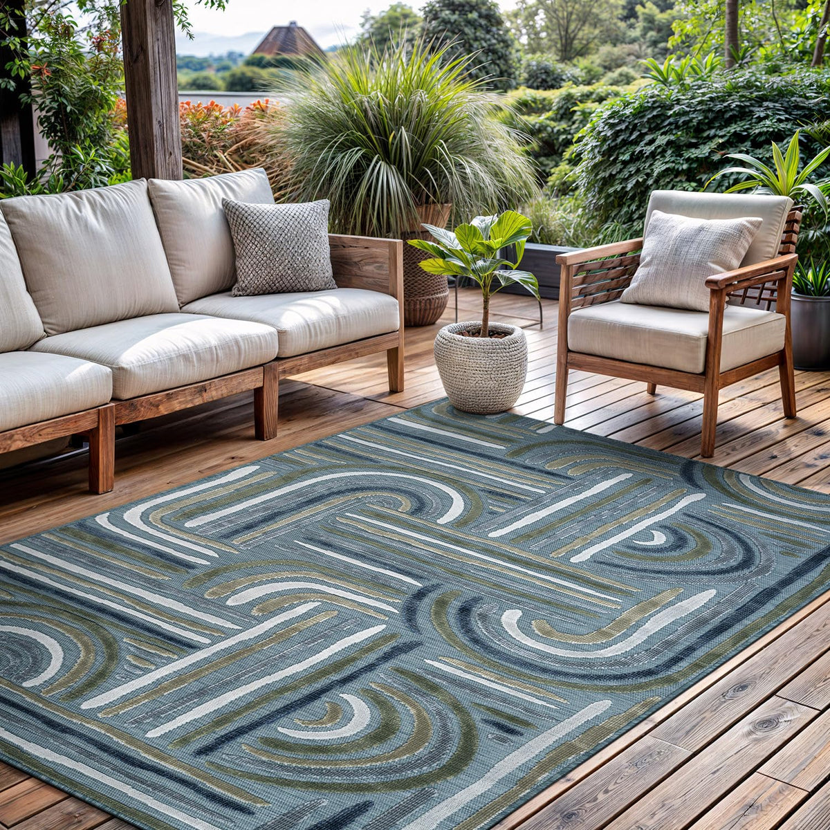 CAMILSON Indoor Outdoor Rug, Multicolor 6x9 Geometric Arch Striped Area Rugs for Patio and Home Areas, Easy-Cleaning Non-Shedding Living Room, Garden and Deck Washable Outside Carpet (6 x 9)