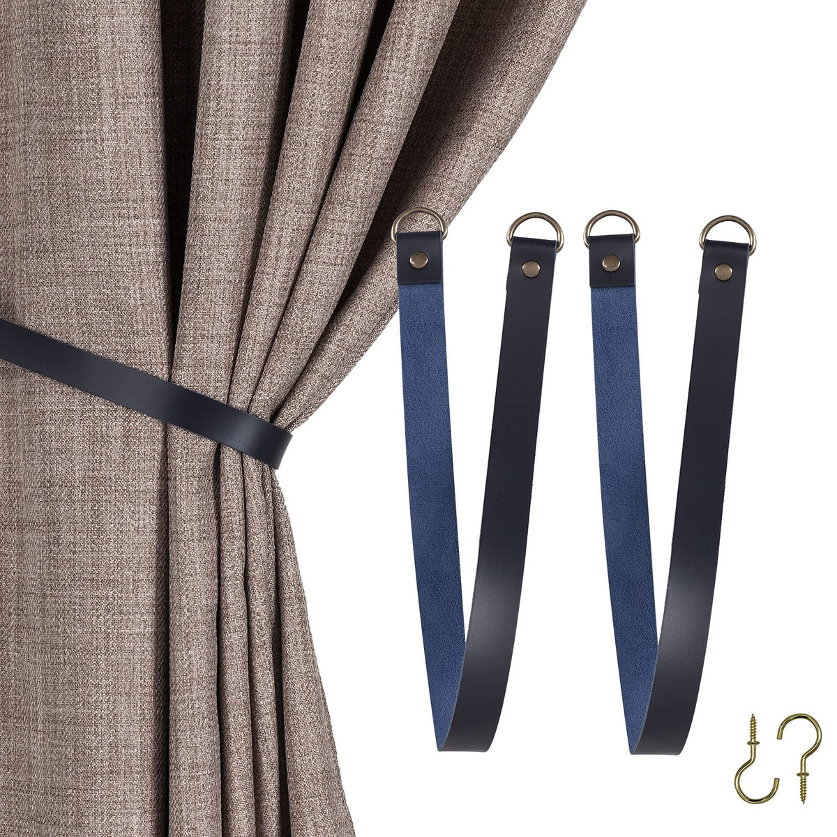 HOME QUEEN Faux Leather Curtain Tiebacks with Hooks, 2 Pack, Chocolate