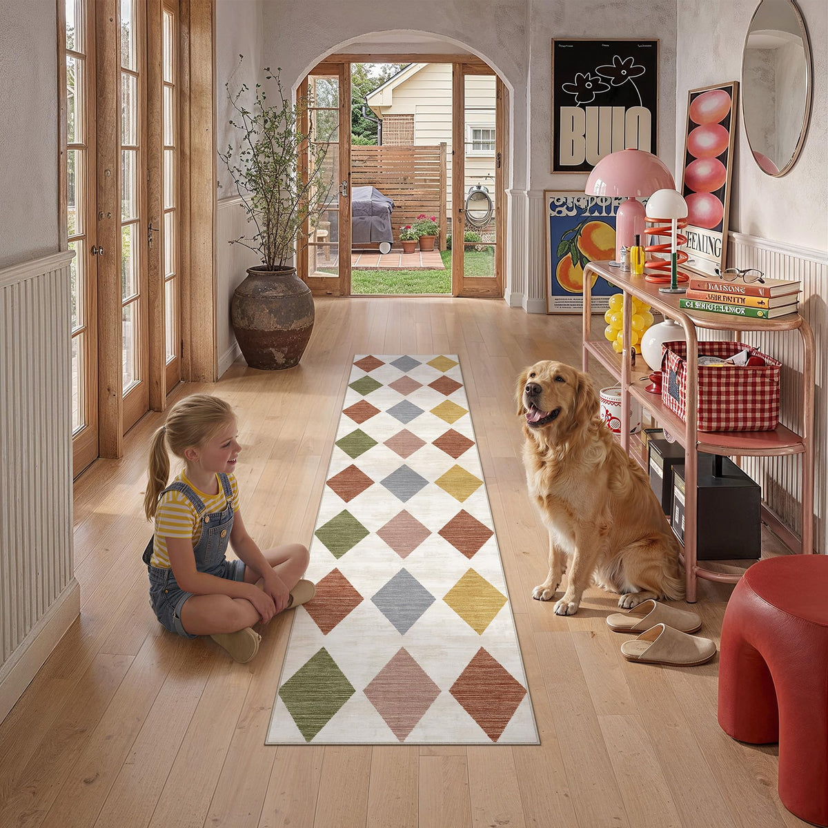 PureCozy 8x10 Washable Area Rug Living Room Beige Non Slip Checkered Carpet