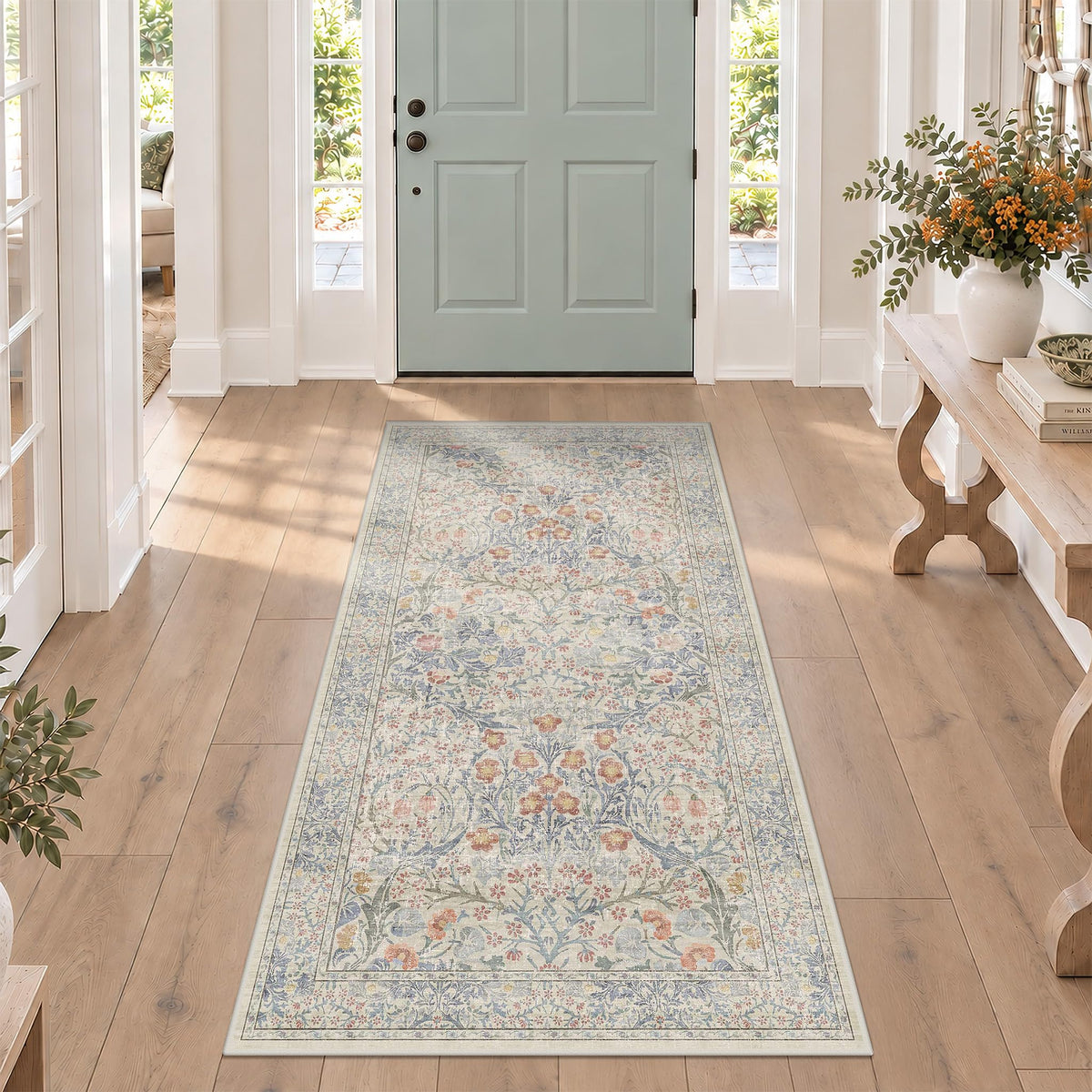 Floral Dark Green Washable Area Rugs 8x10, Vintage Living Room Rug