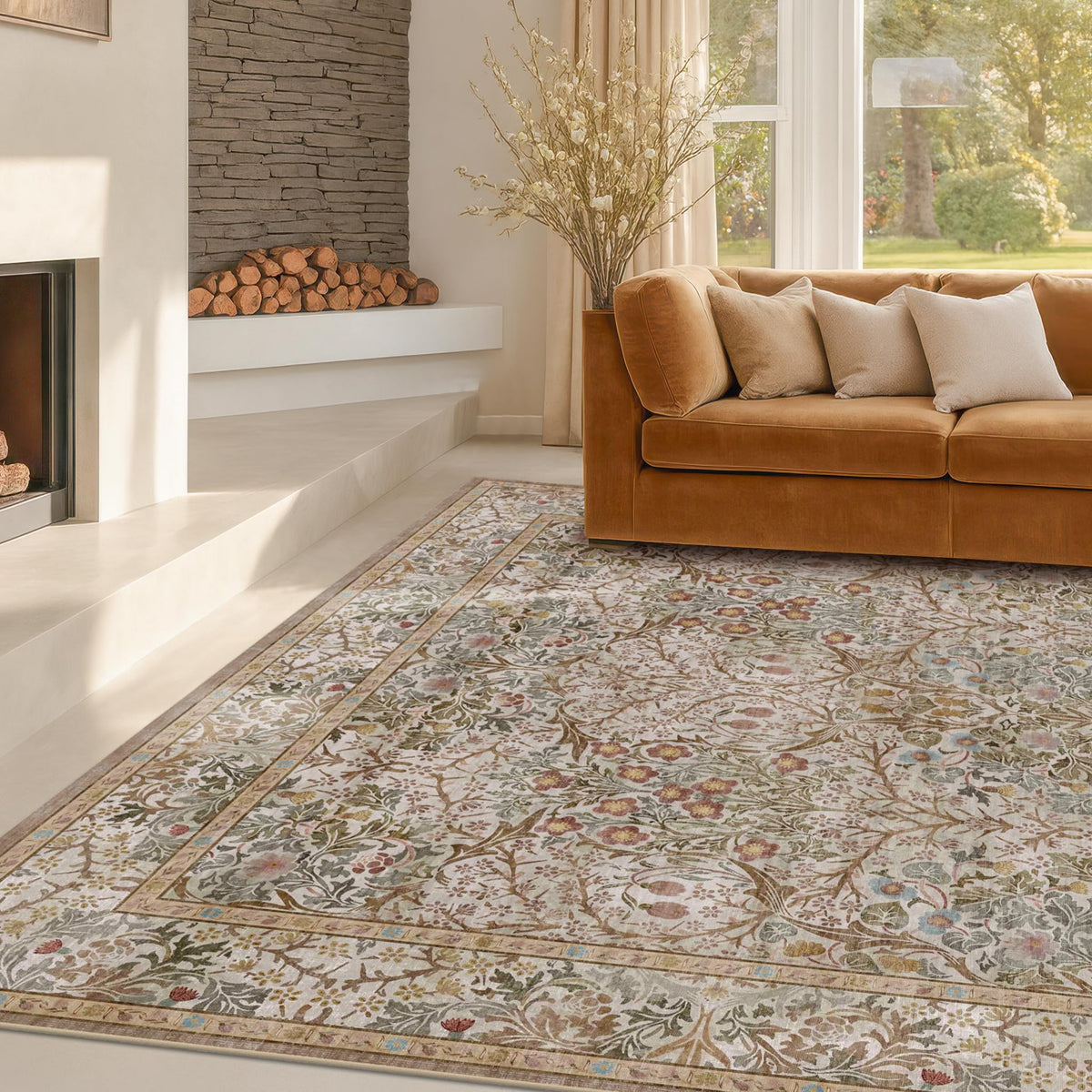 Floral Dark Green Washable Area Rugs 8x10, Vintage Living Room Rug