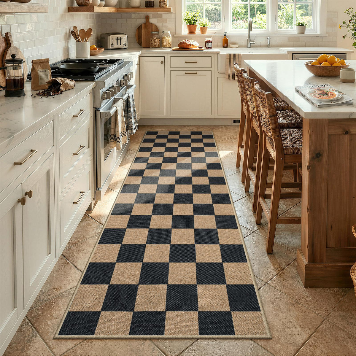 Lahome Checkered Easy Jute 5x7 Area Rugs, Washable Outdoor Patio Rug for Living Room Diamond Indoor Outdoor Carpet, Farmhouse Geometric Non Slip Black Carpet for Backyard Dining Room