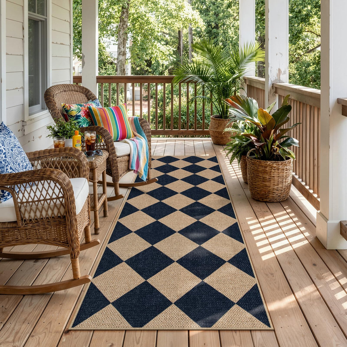 Lahome Checkered Easy Jute 5x7 Area Rugs, Washable Outdoor Patio Rug for Living Room Diamond Indoor Outdoor Carpet, Farmhouse Geometric Non Slip Black Carpet for Backyard Dining Room