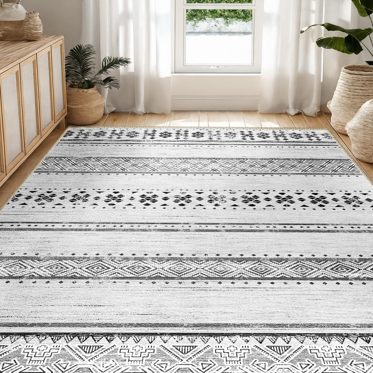 8x10 Washable Area Rugs for Living Room Boho Bedroom Rug Black/Brown