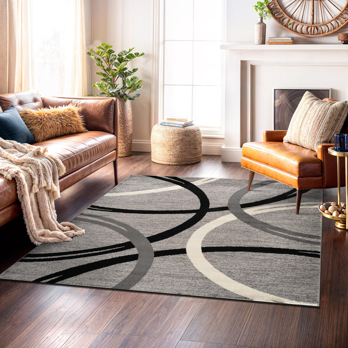 Rugshop Wavy Circles Fade-Resistant Living Room Area Rug Gray 5'3" x 7'3"