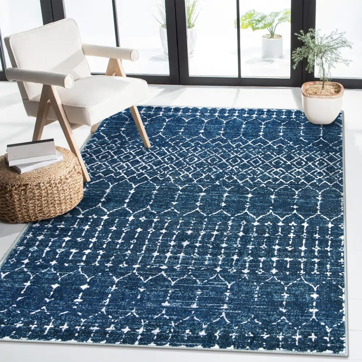 Lahome Moroccan Black Area Rug for Living Room 3x5 Non-Slip Washable Stain Resistant Large Kitchen Rugs Throw Low-Profile Soft Bedroom Carpet Geometric Print Rug for Entryway Dining Room Hana