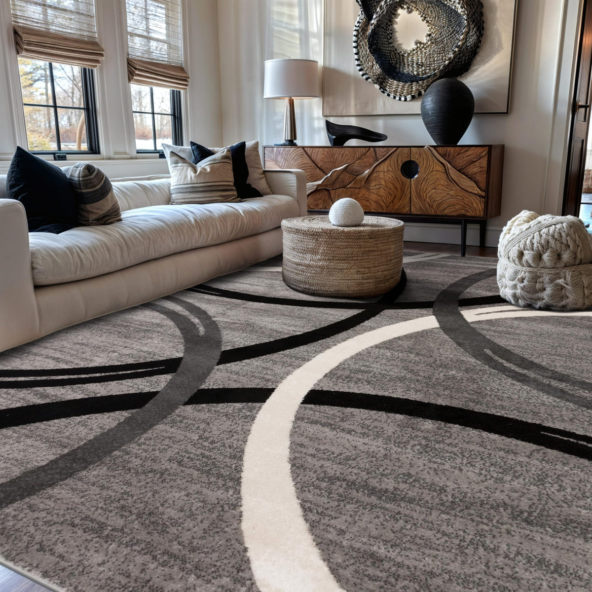 Rugshop Wavy Circles Fade-Resistant Living Room Area Rug Gray 5'3" x 7'3"