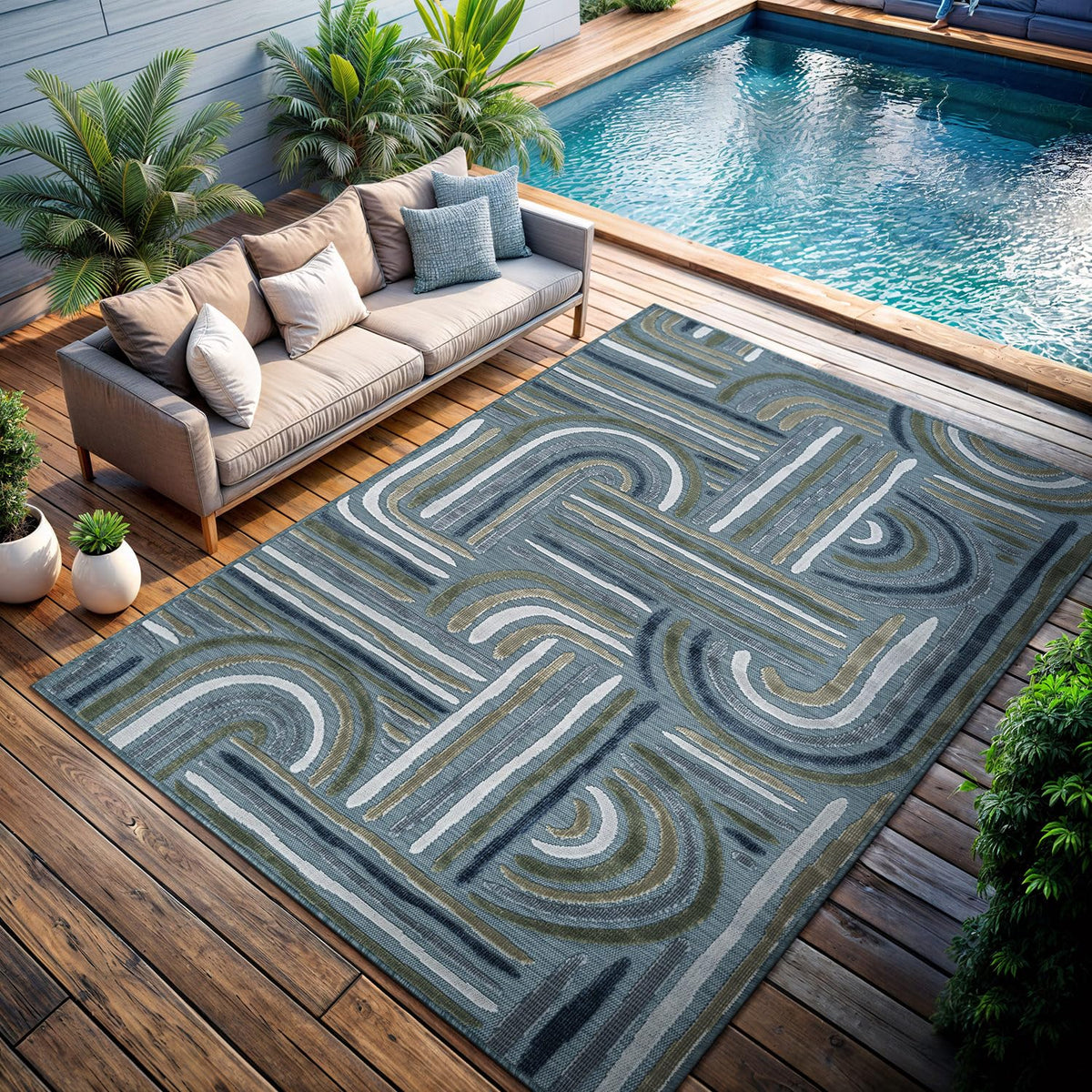 CAMILSON Indoor Outdoor Rug, Multicolor 6x9 Geometric Arch Striped Area Rugs for Patio and Home Areas, Easy-Cleaning Non-Shedding Living Room, Garden and Deck Washable Outside Carpet (6 x 9)