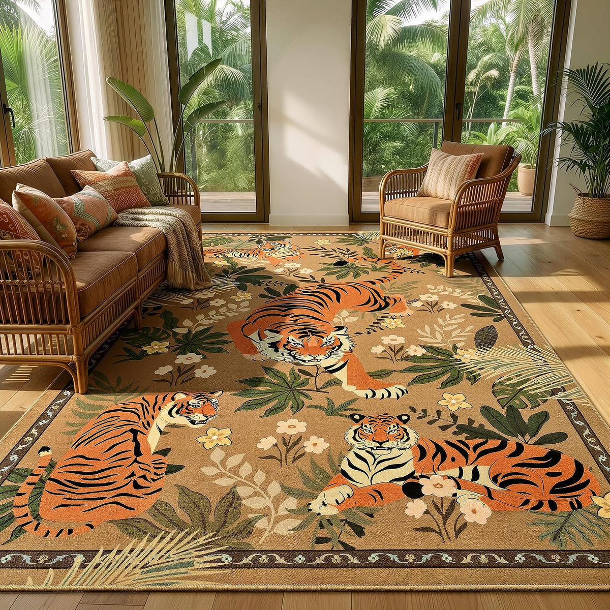 Zentavio Tiger Area Rug 6x9, Vintage Safari Animal Print Rug, Washable Non Slip Boho Camel Carpet for Living Room Bedroom