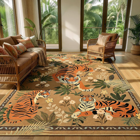 Zentavio Tiger Area Rug 6x9, Vintage Safari Animal Print Rug, Washable Non Slip Boho Camel Carpet for Living Room Bedroom