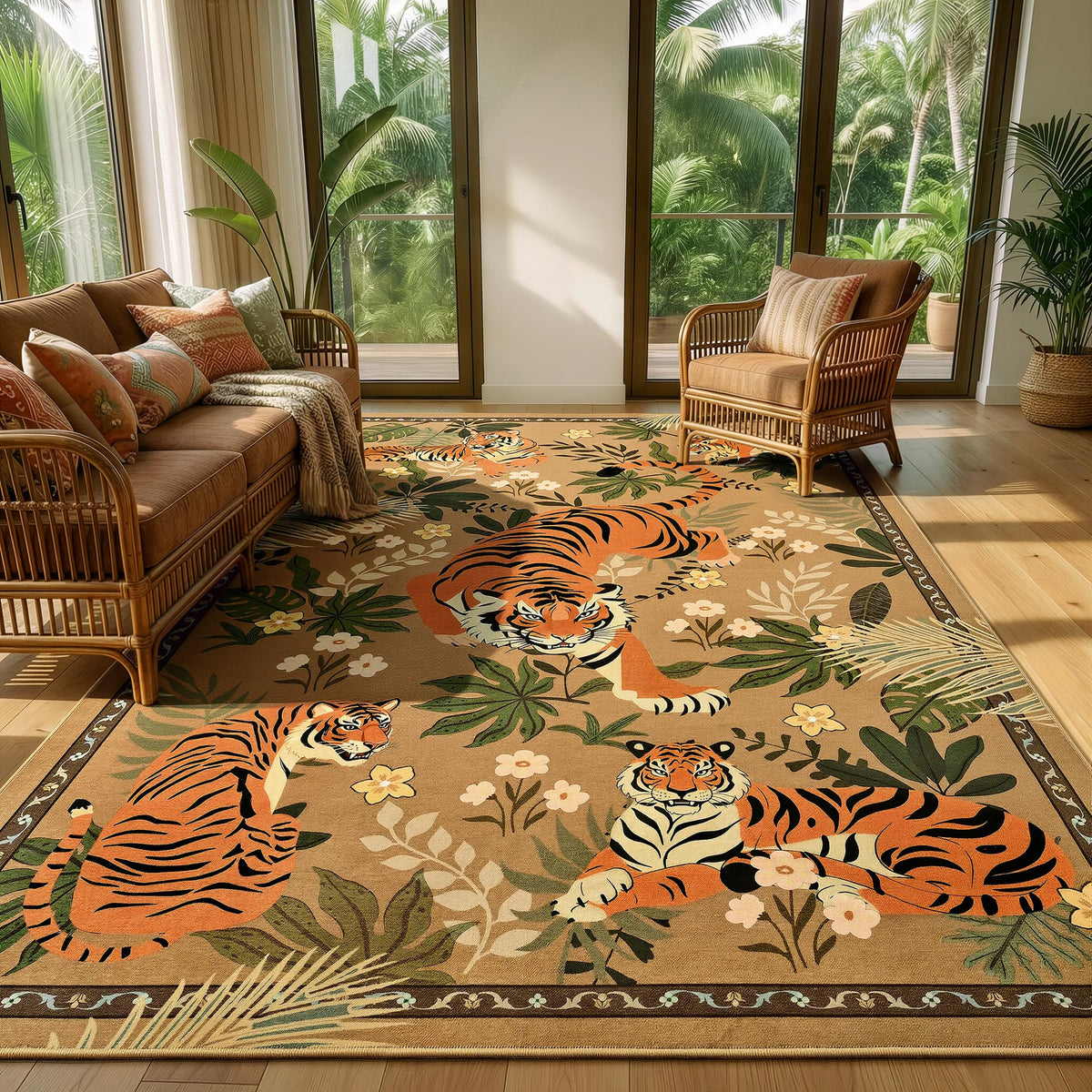 Zentavio Tiger Area Rug 6x9, Vintage Safari Animal Print Rug, Washable Non Slip Boho Camel Carpet for Living Room Bedroom