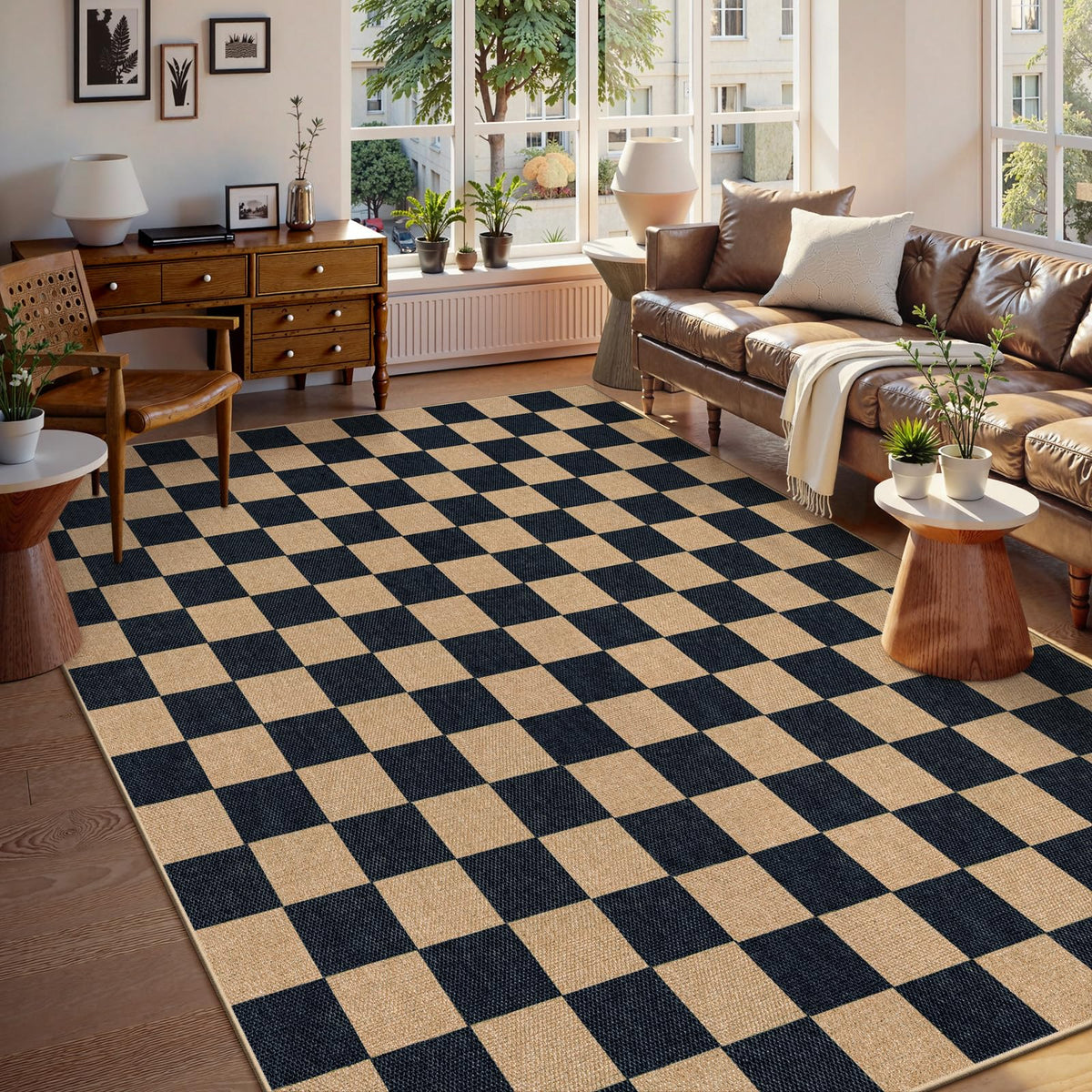 Lahome Checkered Easy Jute 5x7 Area Rugs, Washable Outdoor Patio Rug for Living Room Diamond Indoor Outdoor Carpet, Farmhouse Geometric Non Slip Black Carpet for Backyard Dining Room