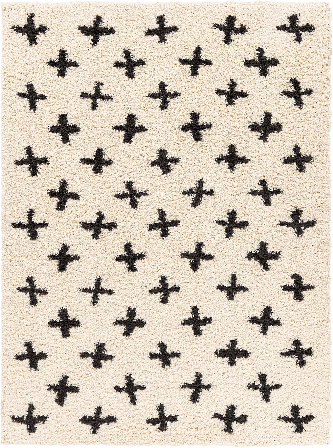 Livabliss Area Rugs - 5x7 Soft Mora Moroccan Boho Black Cream Shag Rug for Living Room Bedroom - Geometric Plush Pile Stain Resistant Bohemian Carpet for Dining Room, Nursery and Office (5'3" x 7')
