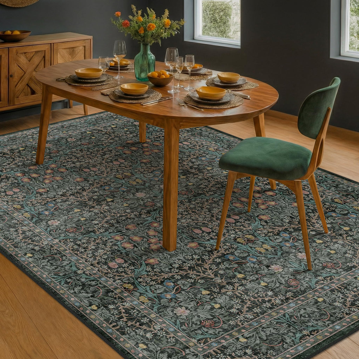Floral Dark Green Washable Area Rugs 8x10, Vintage Living Room Rug
