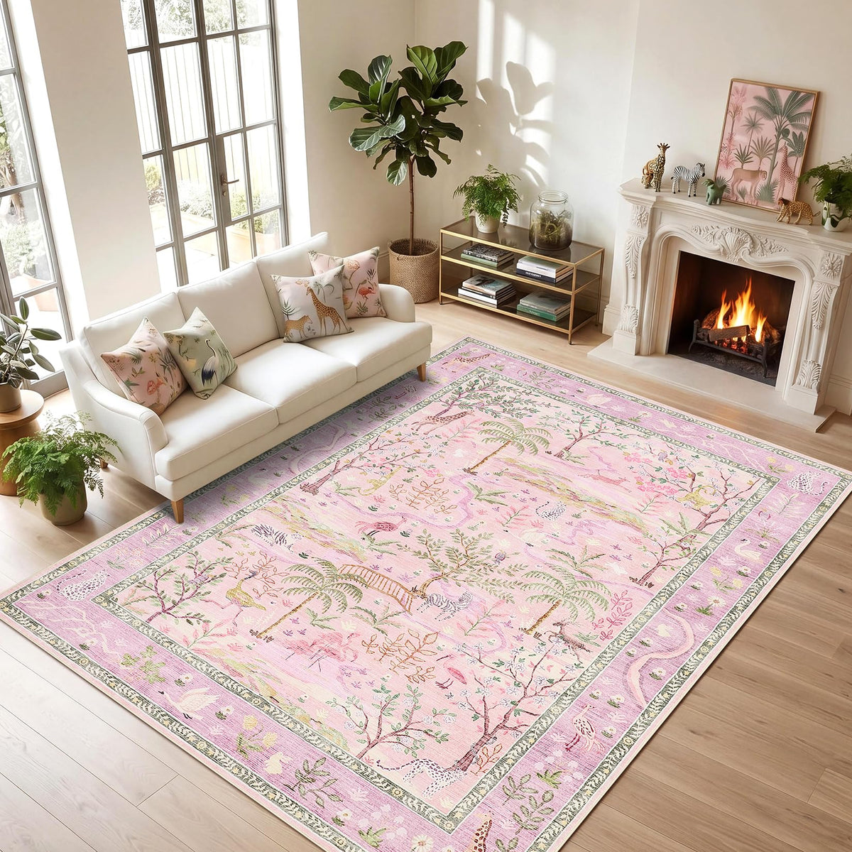 Washable Area Rug 5x7 Green Animal Print Rugs for Nursery Non Slip Stain Resistant Forest Fairy Tale Throw Carpet Low Pile Whimsical Safari Area Rugs for Entryway Girls Bedroom Dining Room, Green