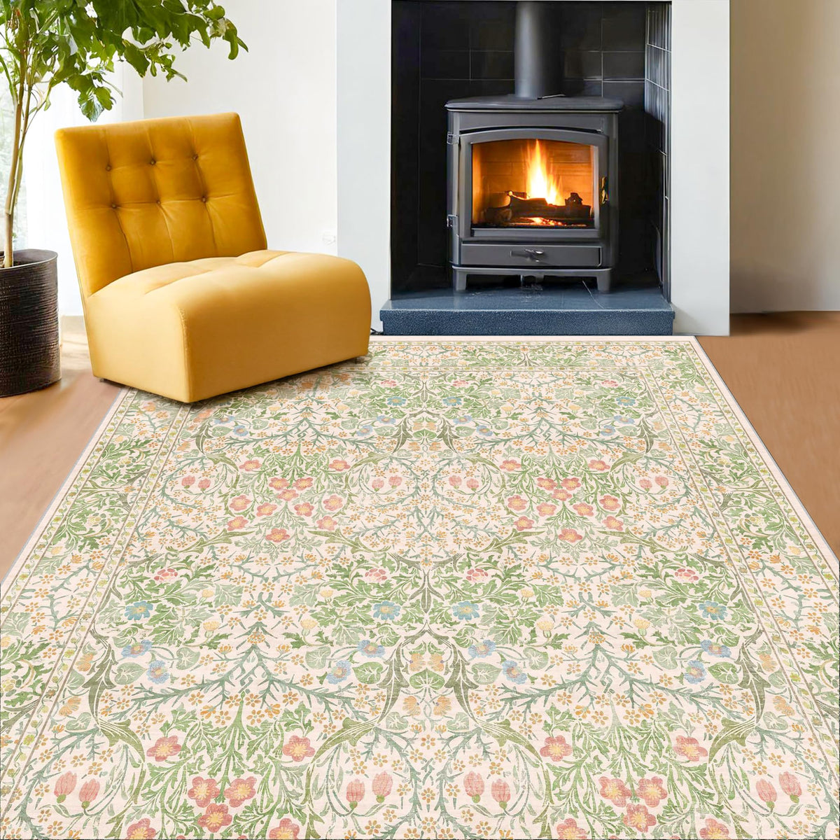Floral Dark Green Washable Area Rugs 8x10, Vintage Living Room Rug