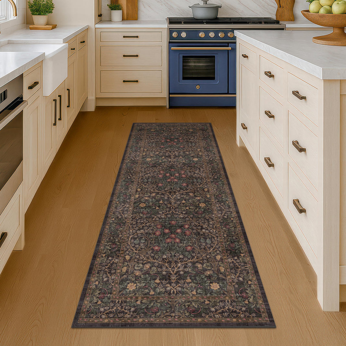 Floral Dark Green Washable Area Rugs 8x10, Vintage Living Room Rug