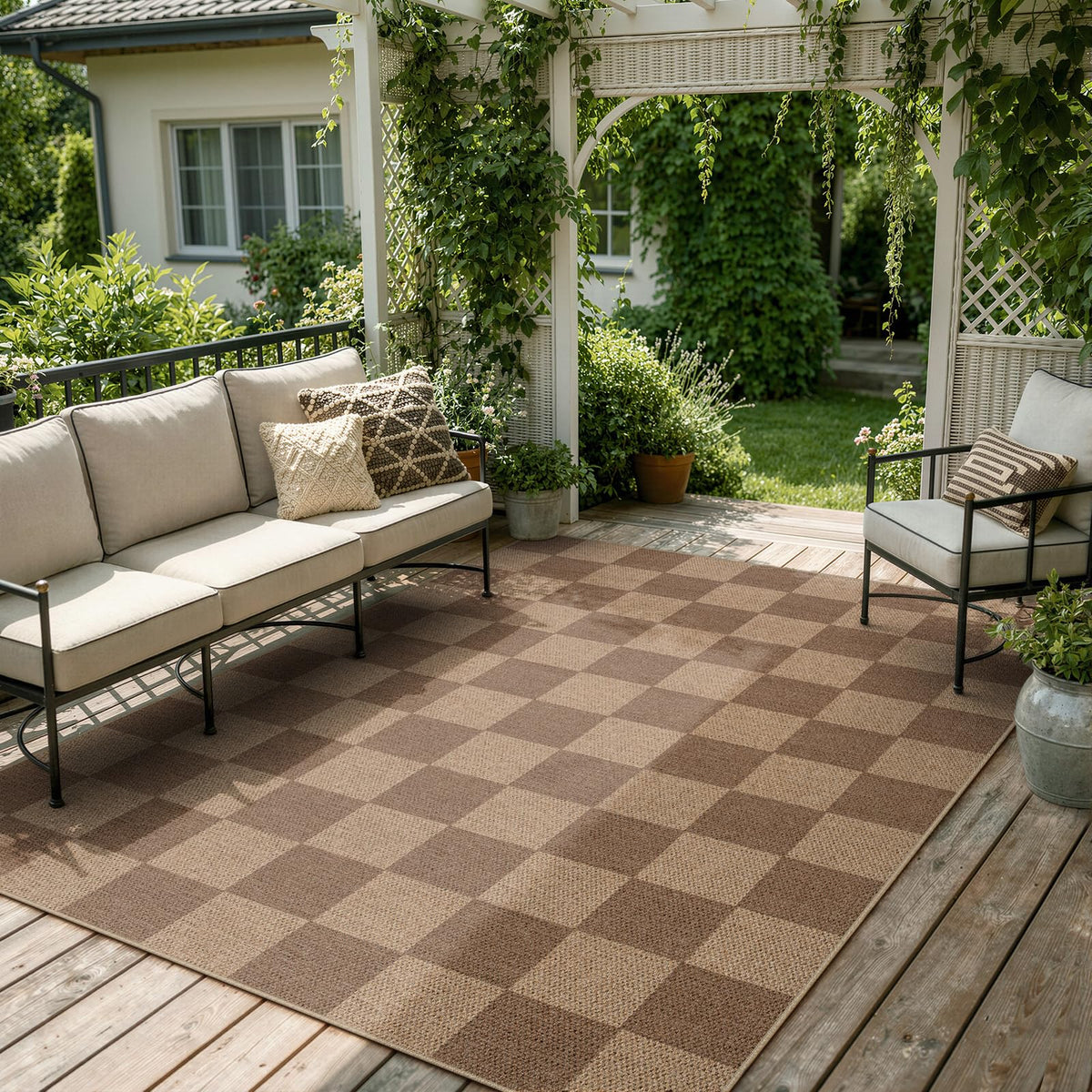 Lahome Checkered Easy Jute 5x7 Area Rugs, Washable Outdoor Patio Rug for Living Room Diamond Indoor Outdoor Carpet, Farmhouse Geometric Non Slip Black Carpet for Backyard Dining Room