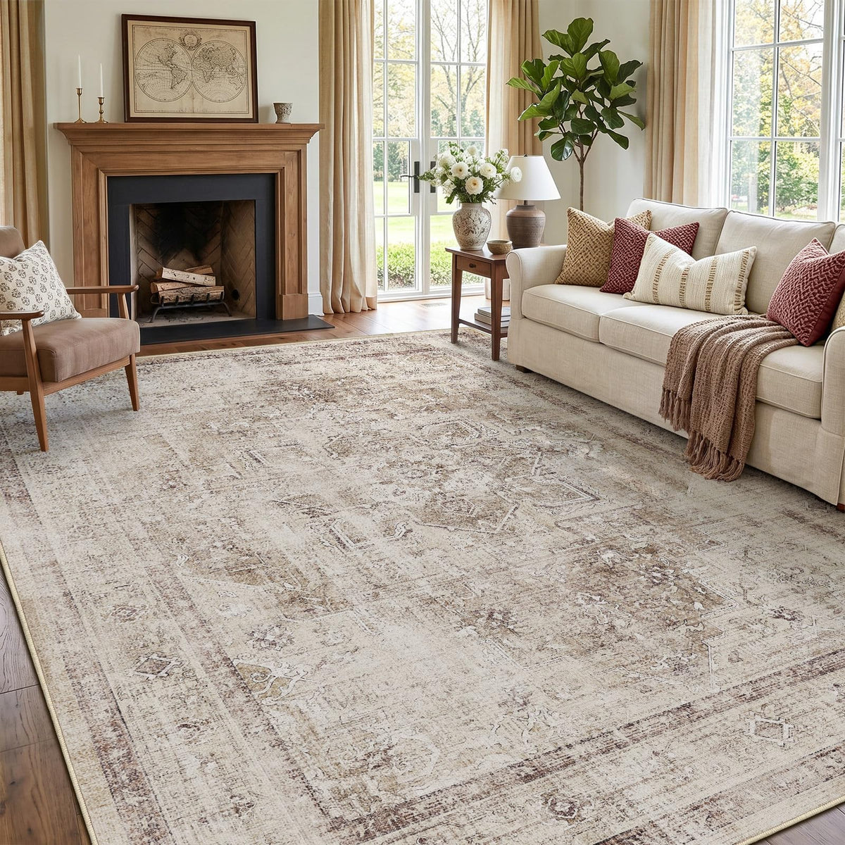 Vintage Distressed 5x7 Area Rugs for Living Room Bedroom Non Slip Washable, Medallion Pattern Printed Low Pile Thin Carpet Rugs for Dining Room/Kitchen/Home Office, Multi Brown Olive Accents