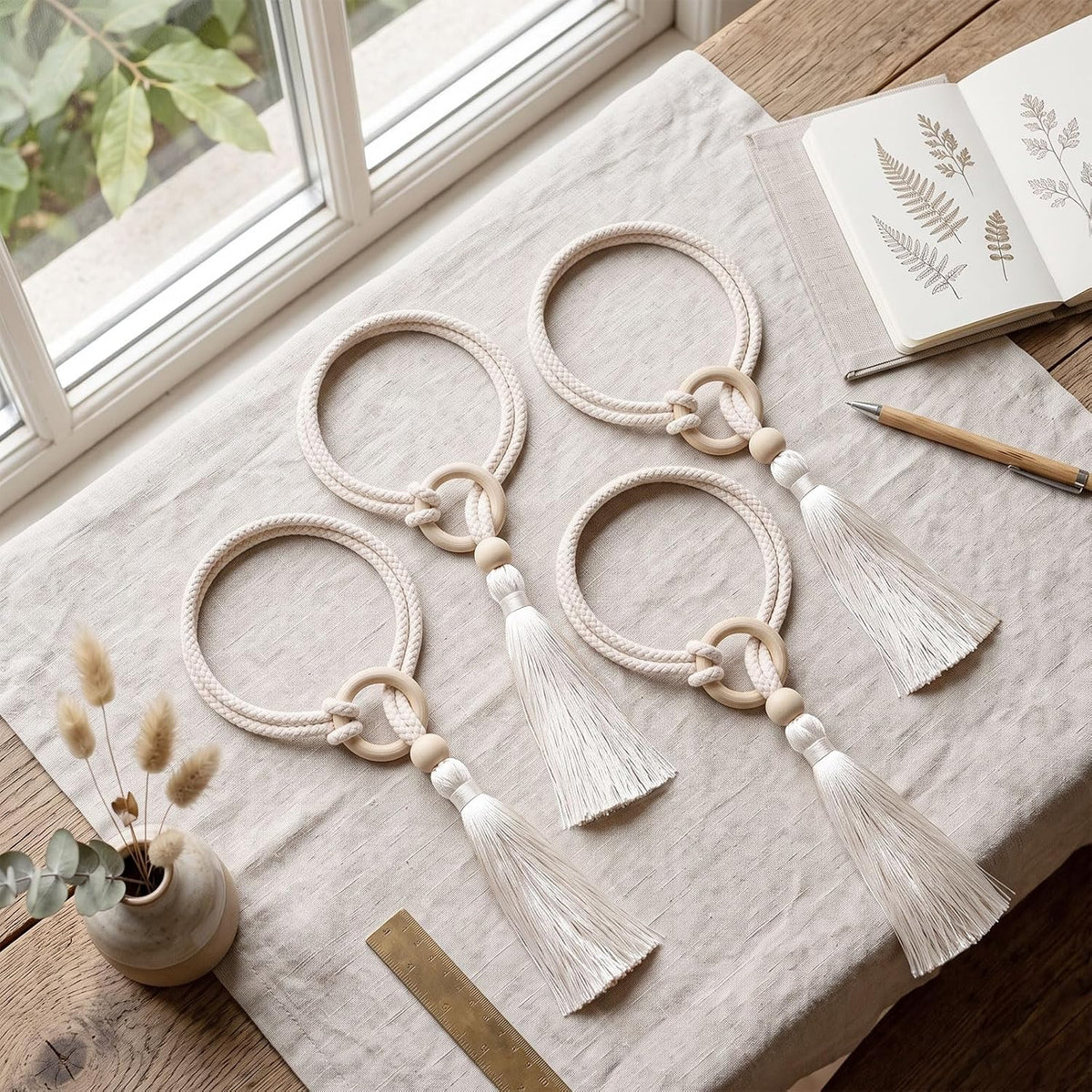 Cotton-Linen Curtain Tiebacks with Tassels (Ivory 4 Pack)