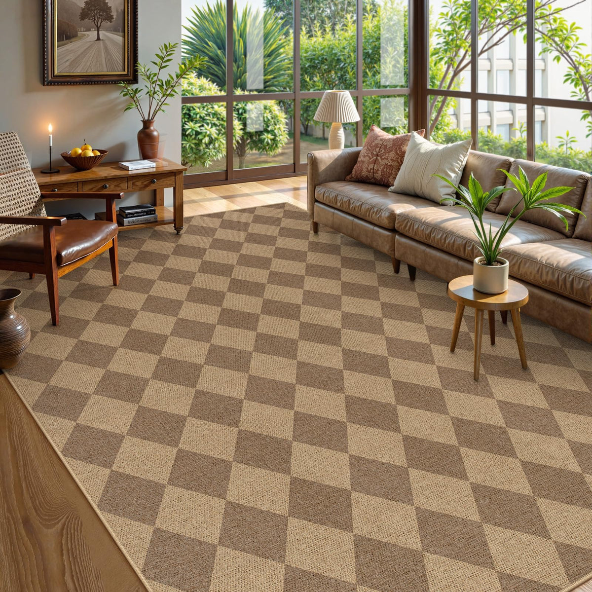 Lahome Checkered Easy Jute 5x7 Area Rugs, Washable Outdoor Patio Rug for Living Room Diamond Indoor Outdoor Carpet, Farmhouse Geometric Non Slip Black Carpet for Backyard Dining Room