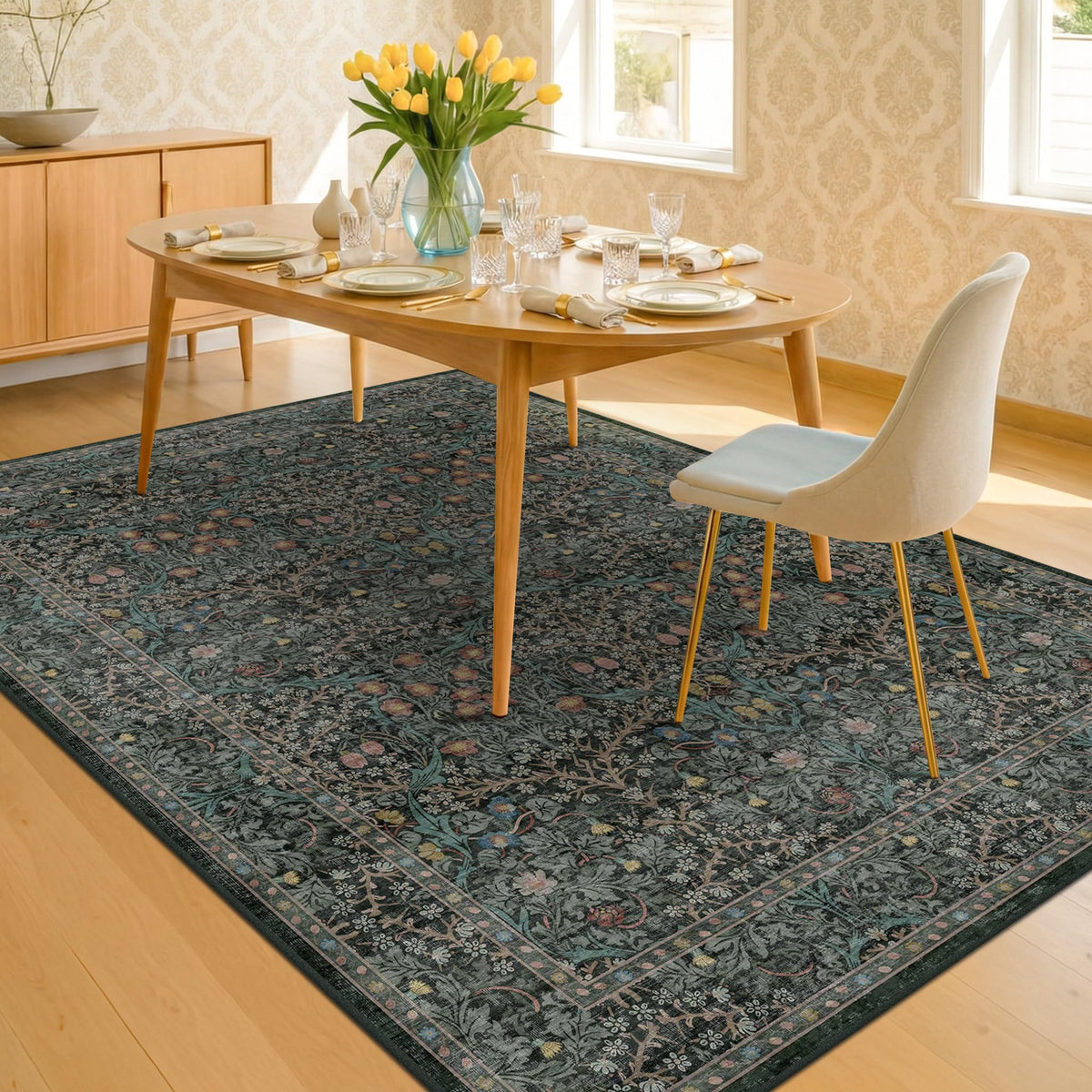 Floral Dark Green Washable Area Rugs 8x10, Vintage Living Room Rug