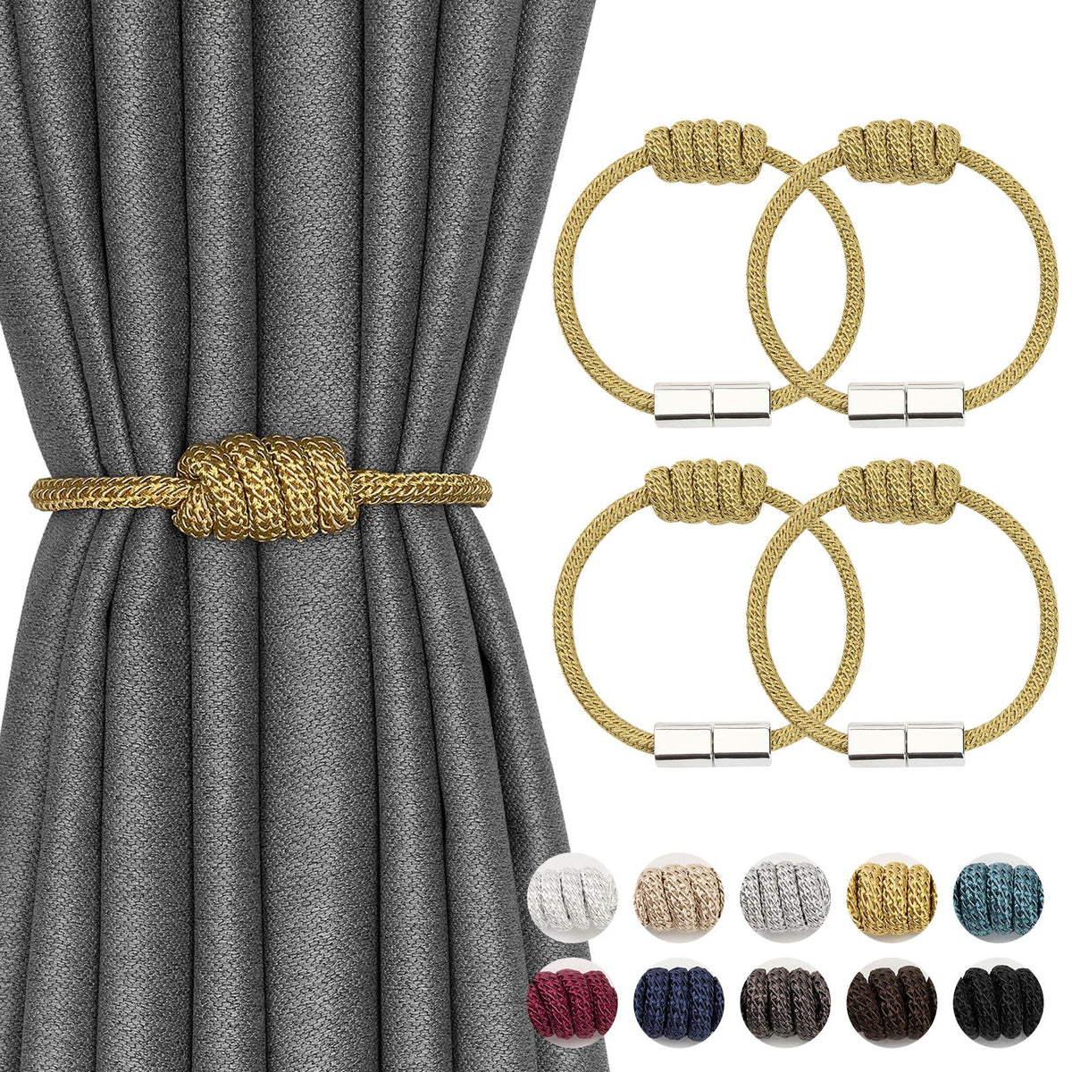 NICEEC 2 Pack Mini Magnetic Curtain Tiebacks Modern Simple Style Drape Tie Backs Elegant Hand Weave Rope Knot Decorative Curtain Holdbacks for Home & Office Window Drapery (Dark Grey)