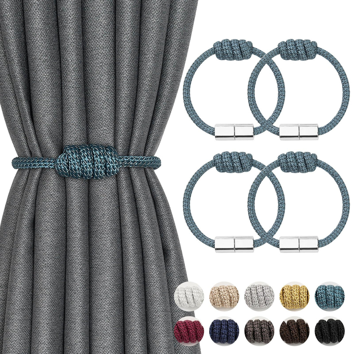 NICEEC 2 Pack Mini Magnetic Curtain Tiebacks Modern Simple Style Drape Tie Backs Elegant Hand Weave Rope Knot Decorative Curtain Holdbacks for Home & Office Window Drapery (Dark Grey)