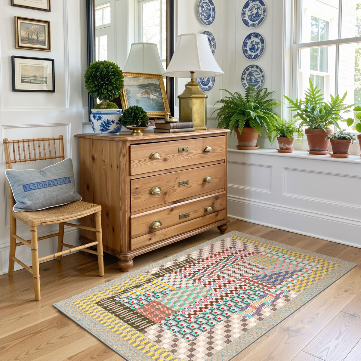 Kokia 8x10 Modern Geometric Washable Rug for Living Room Bauhaus Multicolor