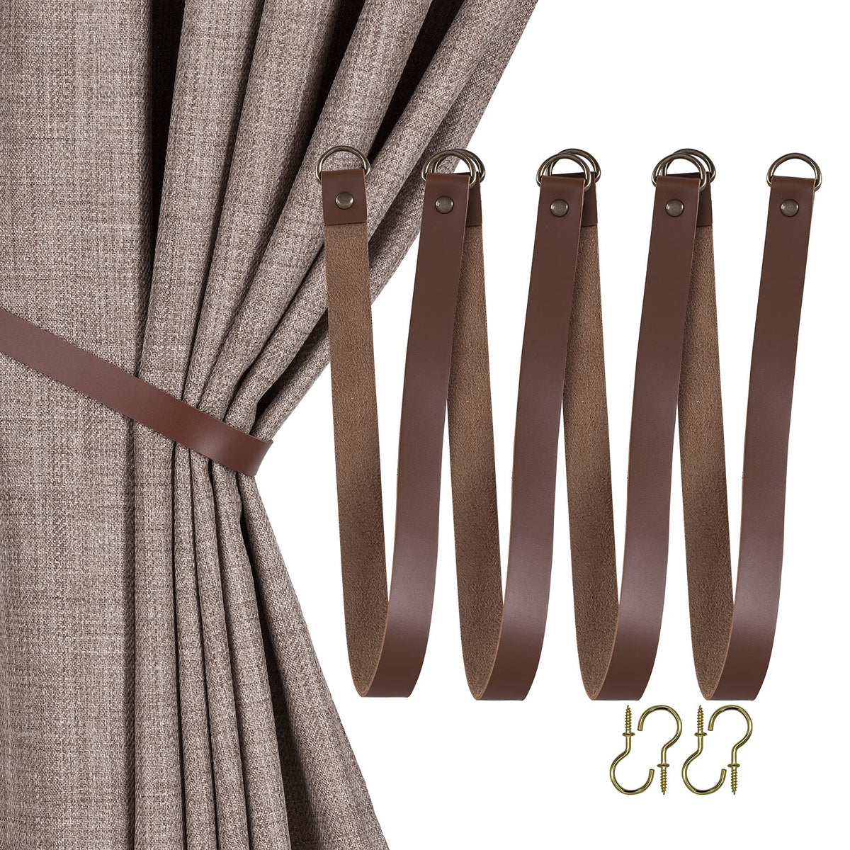 HOME QUEEN Faux Leather Curtain Tiebacks with Hooks, 2 Pack, Chocolate