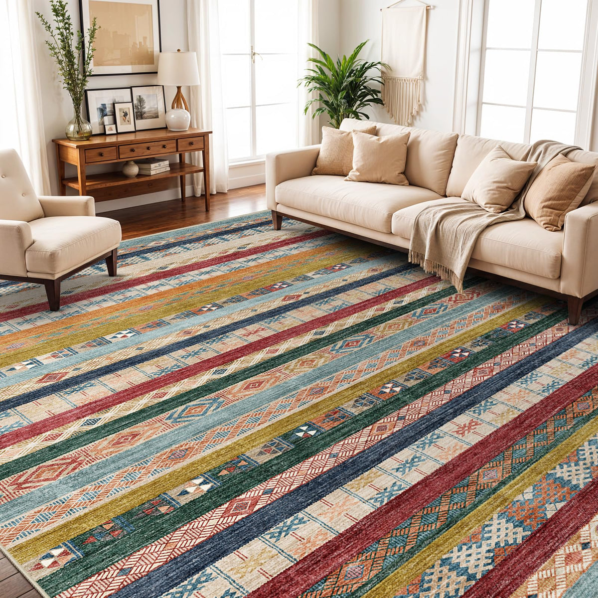 5x7 Washable Area Rug for Living Room - Non-Slip Geometric Rugs Blue Grey